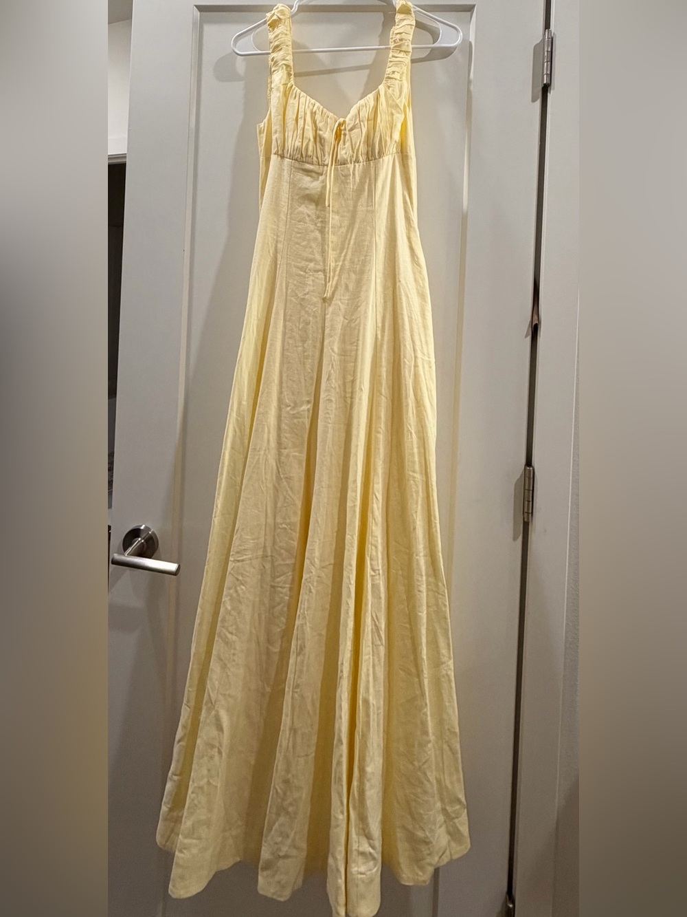 Yellow linen/cotton Midi Dress with Babydoll Neckline